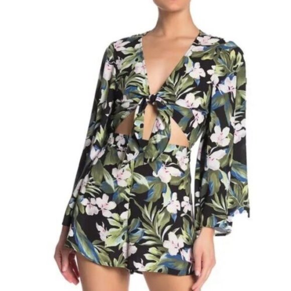 Show Me Your Mumu Charleston Black Tropical Tie Front Long Sleeve Romper Sz M